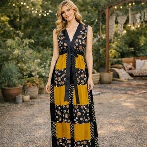 Mr. Hank Vintage Patchwork Maxi Dress Size S - M Black Mustard Floral Print